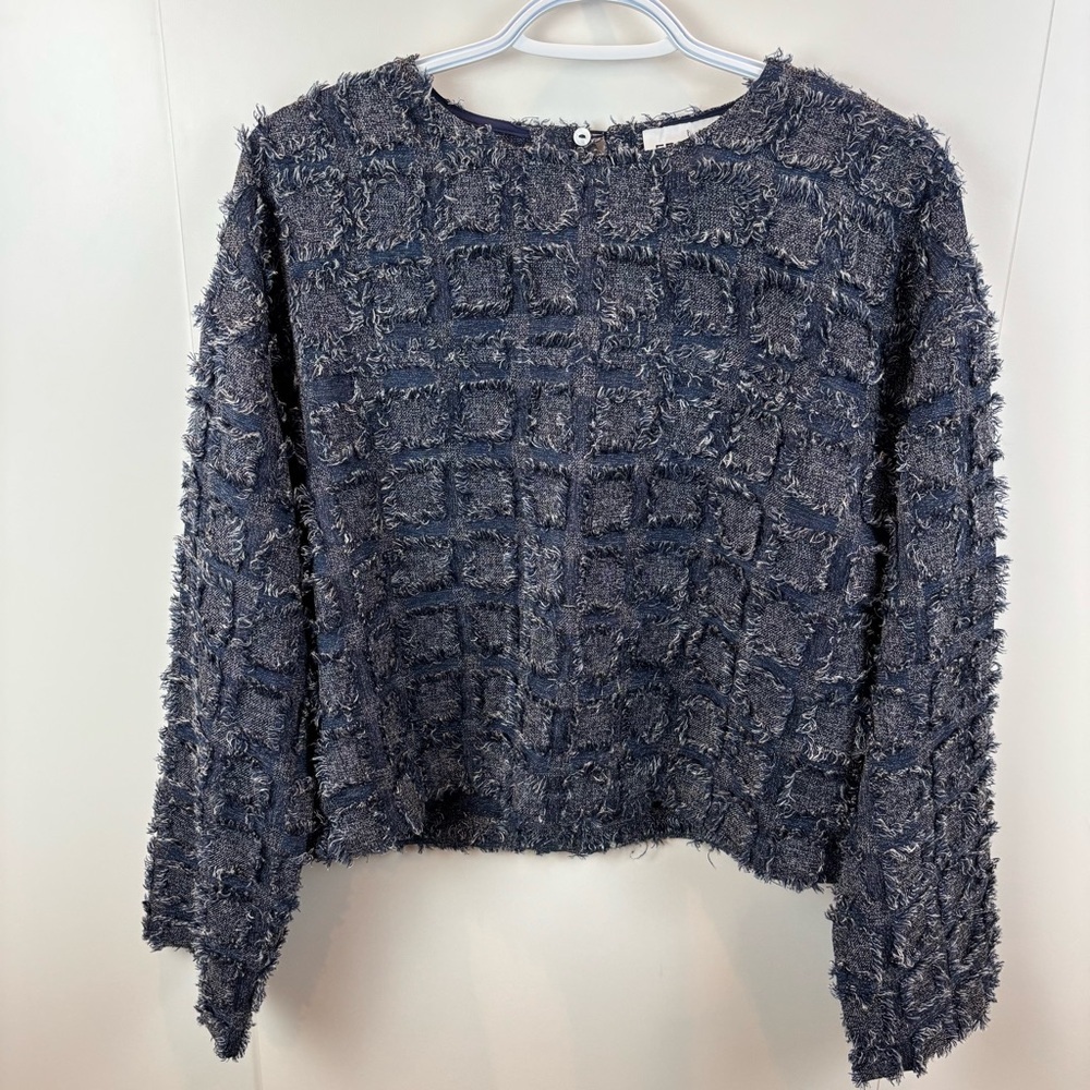 FRNCH Paris Navy Blue Fringed Textured Square Pattern Wide Sleeve Top sz L